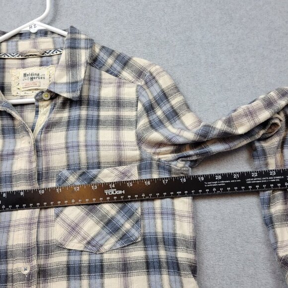 Anthropologie Holding Horses Womens Small Blue Beige Flannel Plaid Sheer Back - Picture 9 of 13